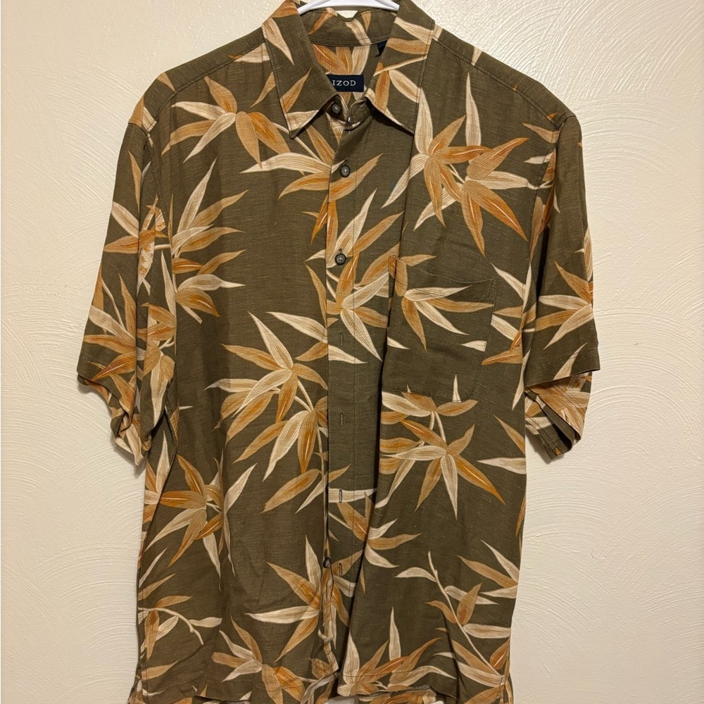 IZOD Men’s Linen Blend Tropical Palm Print Shirt Short Sleeve Size M